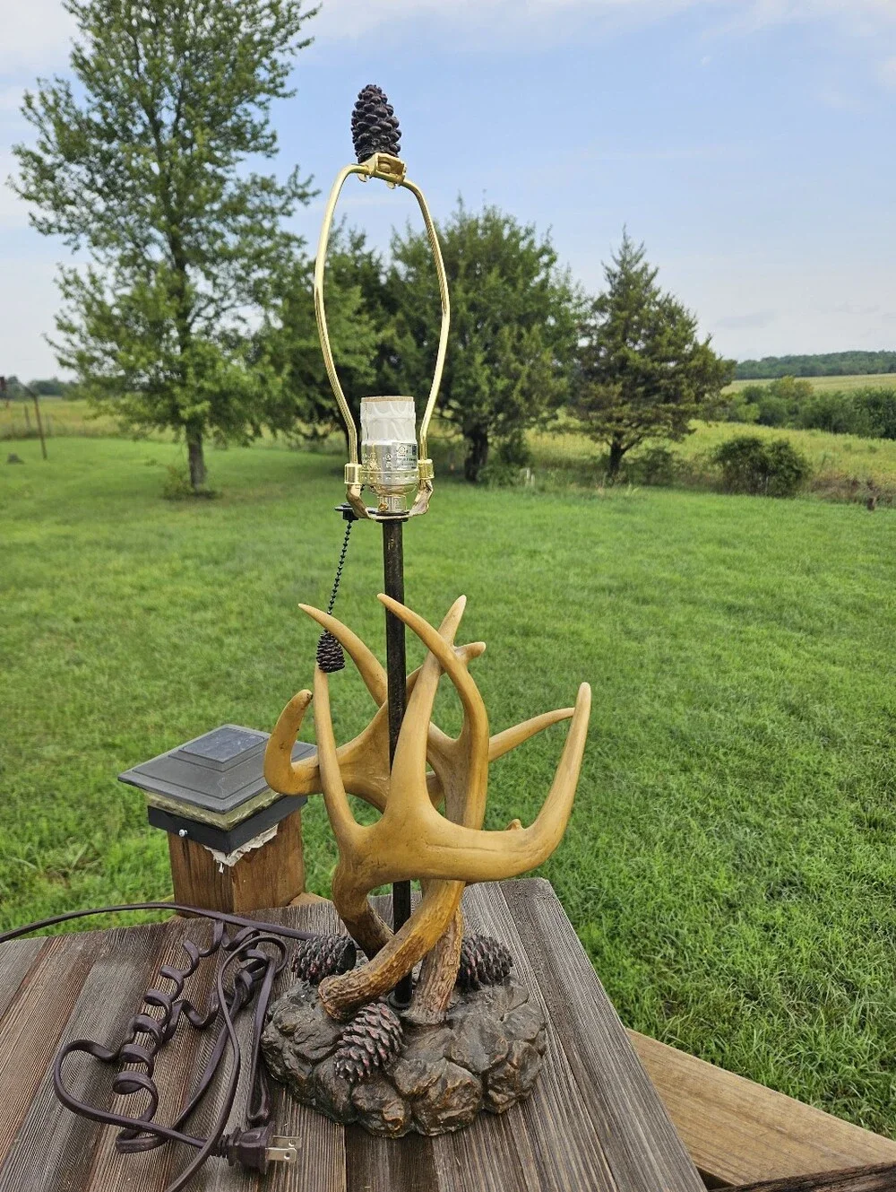 Rustic Cabin Deer Antler Table Lamp Pinecone Accent Faux Wood Base Western Lodge